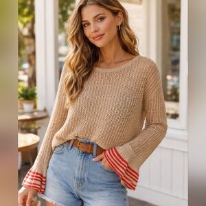 Hayden LA Crochet Crop Top L NWT • Coastal Boho Lightweight Sweater • Red Stripe